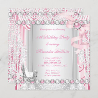 Pretty Pink Silver High Heels Pearl Bow Birthday Invitation