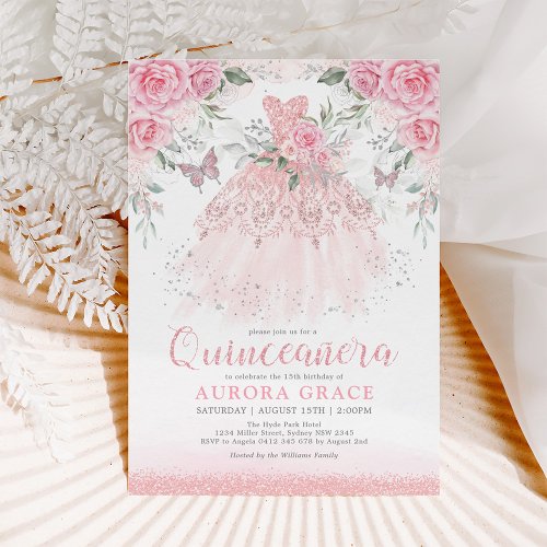 Pretty Pink Silver Quinceaera Princess Dress Invitation