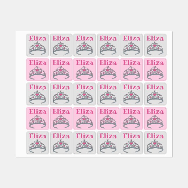 Pretty Pink Silver Rhinestone Princess Tiara Crown Kids' Labels (Sheet)