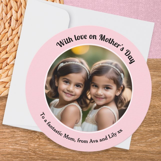 Pretty Pink Simple Custom Photo Round Mothers Day Holiday Card (A simple, modern Mother's Day card featuring your own photo and message, with pretty pink border)