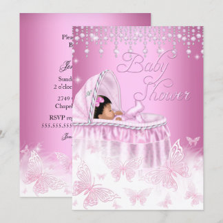 Pretty Pink Sparkle Butterfly Baby Shower Ethnic Invitation
