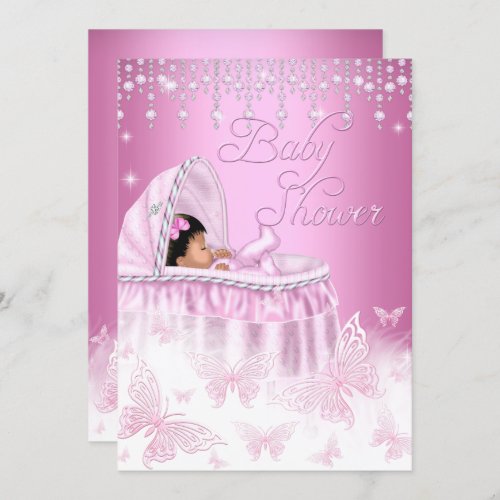 Pretty Pink Sparkle Butterfly Baby Shower Ethnic Invitation