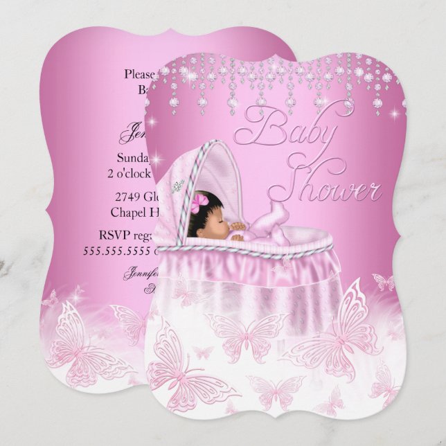 Pretty Pink Sparkle Butterfly Baby Shower Ethnic Invitation (Front/Back)