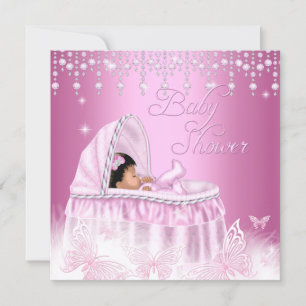 Pretty Pink Sparkle Butterfly Baby Shower Ethnic Invitation