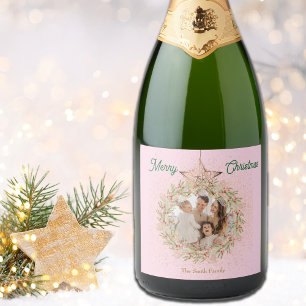 Pretty Pink Sparkle Christmas Custom Photo Sparkling Wine Label