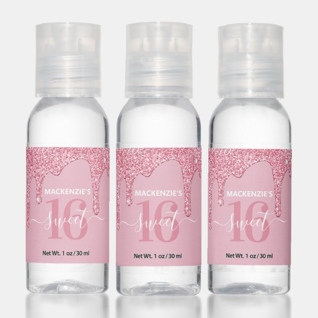Pretty Pink Sparkle Glitter Drips Sweet 16 Hand Sanitizer (Set)