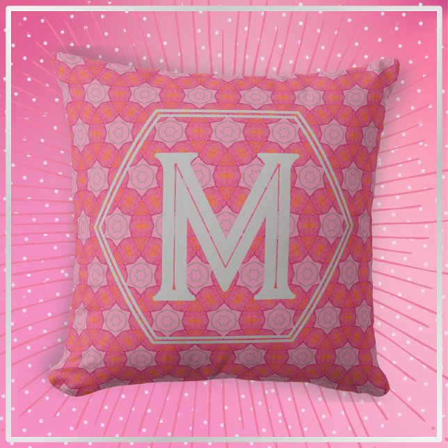 Pretty Pink Stars Geometric Pattern Monogram Throw Pillow (Creator Uploaded)