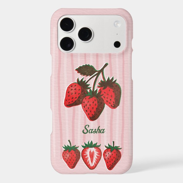 Pretty Pink Strawberries & Stripes Custom Name  iPhone Case (Back)