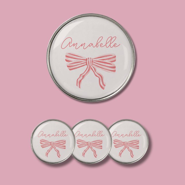 Pretty pink striped bow name golf ball marker (Coquette pink bow personalized golf ball markers)