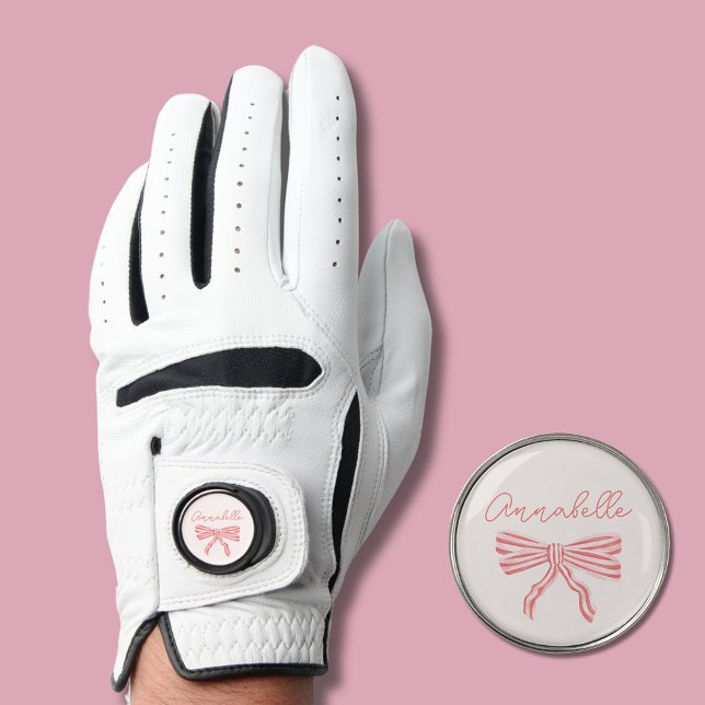 Pretty pink striped bow name golf glove (Coquette pink bow personalized golf glove with golf ball marker)
