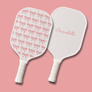 Pretty pink striped bow name pickleball paddle