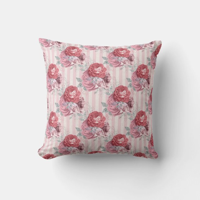 Pretty Pink Striped Floral Pattern Throw Pillow (Front)