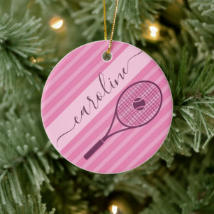 Pretty Pink Striped Tennis Racket Ball Girl's Name Ceramic Ornament