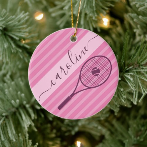 Pretty Pink Striped Tennis Racket Ball Girl's Name Ceramic Ornament