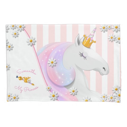 Pretty Pink Striped Unicorn Princess Sparkle Pillow Case