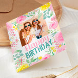 Pretty pink summer floral happy birthday photo card<br><div class="desc">A girly,  modern pastel pink,  yellow turquoise and dusty blue floral watercolor happy birthday greeting card,  add your photo with gold glitter confetti and pretty painted roses summer flowers and foliage greenery  leaves..</div>