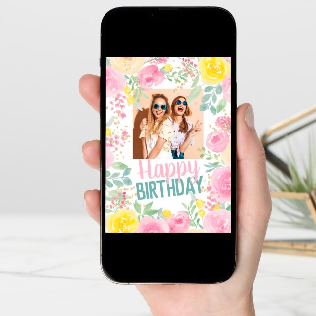 Pretty pink summer floral happy birthday photo card (Front Digital)