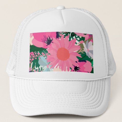 Pretty Pink Sunflowers and Poppy Floral Design Trucker Hat