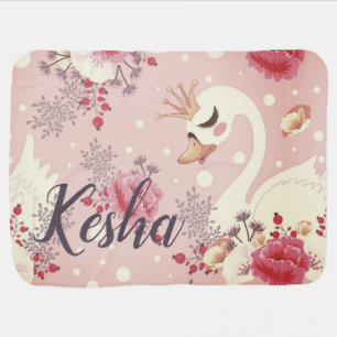 Pretty Pink Swan Princess with Crown n Name Baby Blanket