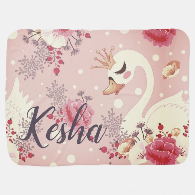 Pretty Pink Swan Princess with Crown n Name Baby Blanket (Horizontal)