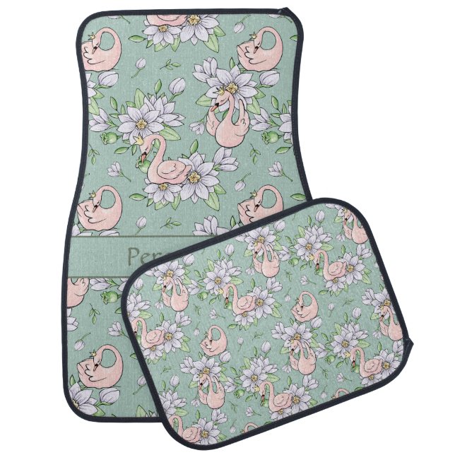 Pretty Pink Swans White Daisies Personalized Car Floor Mat (Set)