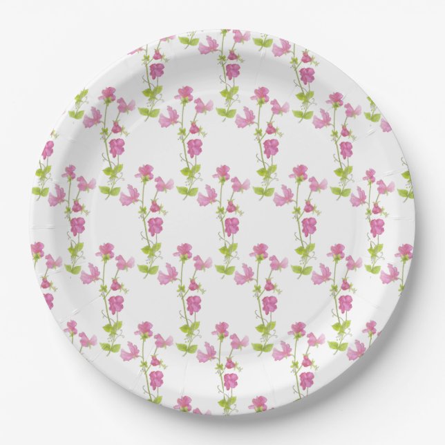 Pretty Pink Sweet Pea Flower Art Paper Plates (Front)