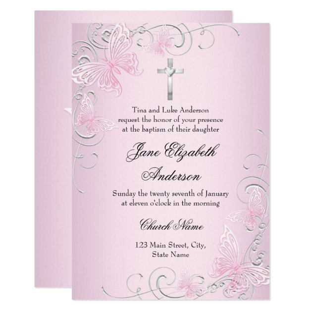 Pretty Pink Swirl Butterfly & Cross Baptism Invite