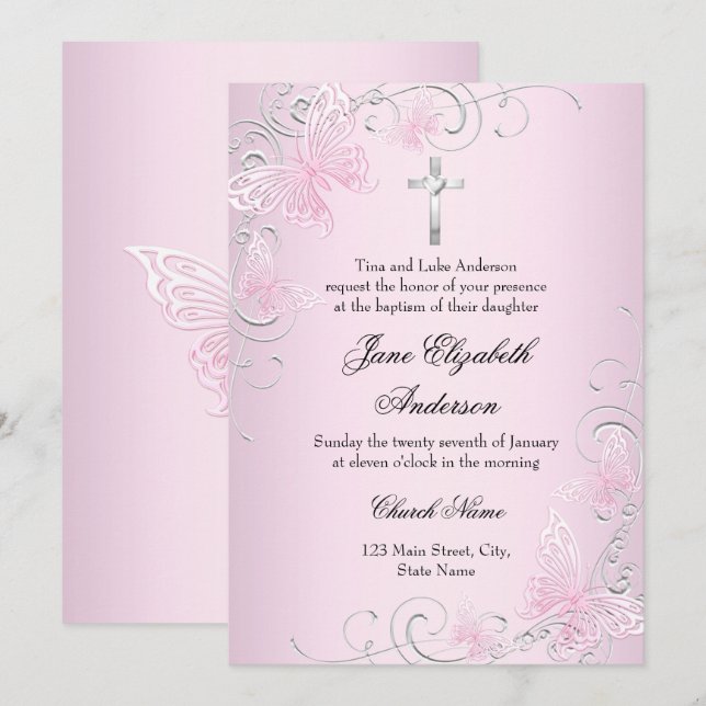 Pretty Pink Swirl Butterfly & Cross Baptism Invite (Front/Back)