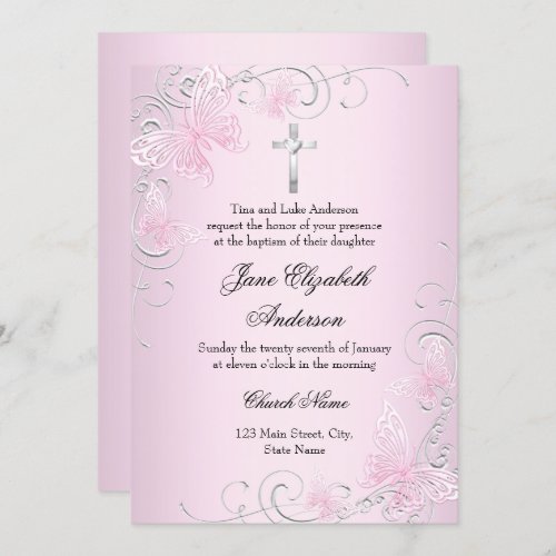 Pretty Pink Swirl Butterfly  Cross Baptism Invite