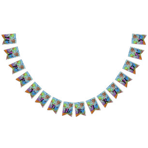 Pretty Pink Tailed Birthday Mermaid in Ocean Bunting Flags