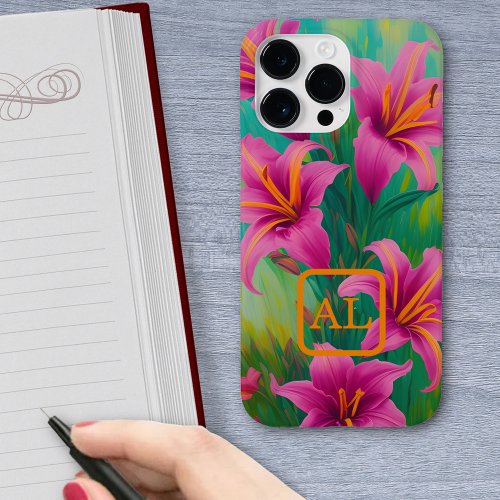 Pretty Pink Tiger Lilies Oil Painting Monogrammed Case_Mate iPhone 14 Pro Max Case