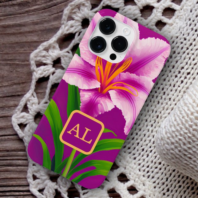 Pretty Pink Tiger Lily Oil Painting Monogrammed Case-Mate iPhone Case (Creator Uploaded)