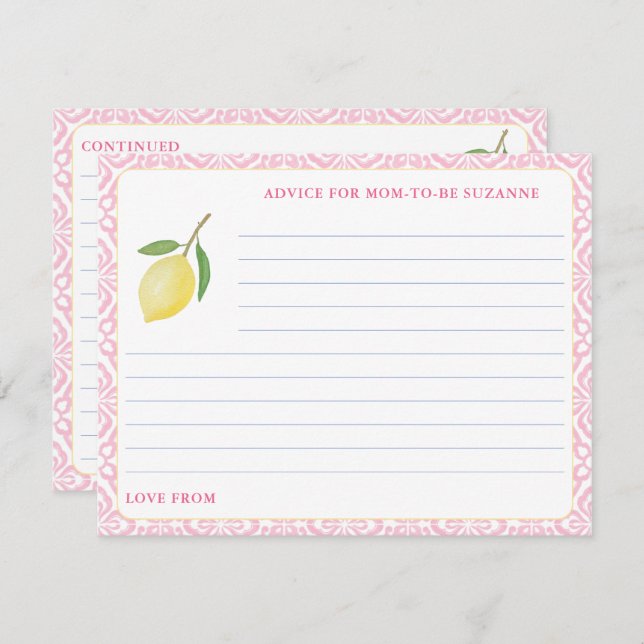 Pretty Pink Tiles Lemon Baby Shower Advice Card (Front/Back)