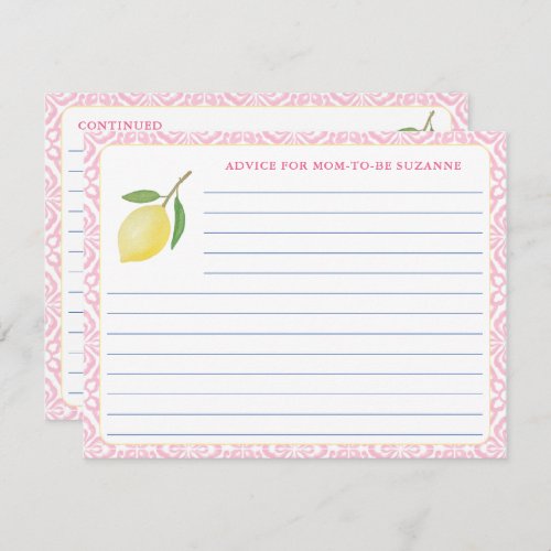 Pretty Pink Tiles Lemon Bridal Shower Recipe Card