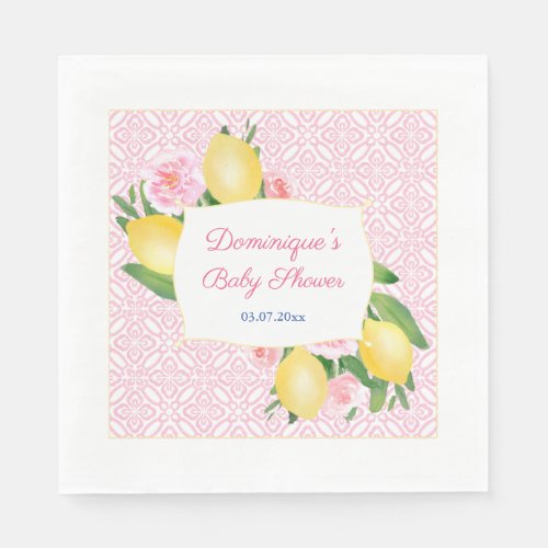 Pretty Pink Tiles Lemons Girl Baby Shower Party Napkins