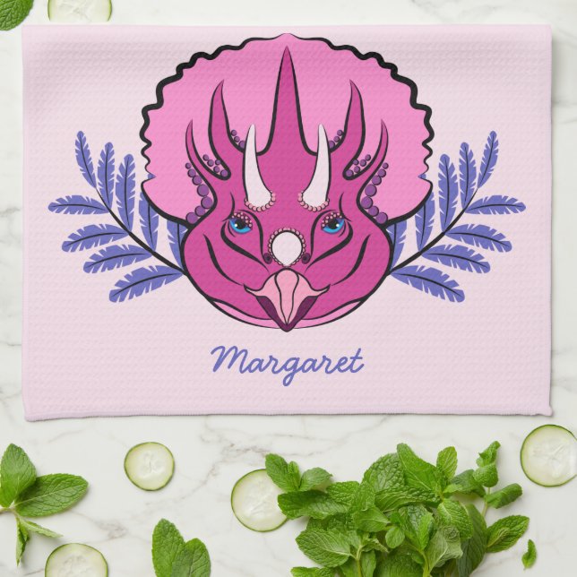 Pretty Pink Triceratops Dinosaur Personalized Kitchen Towel (Folded)