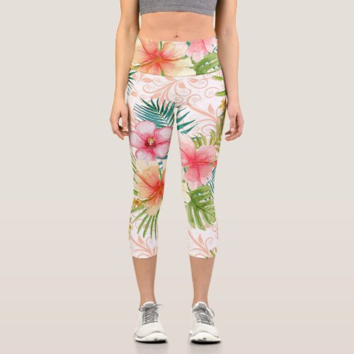 Pretty Pink Tropical Floral and Flourish Capri Leggings