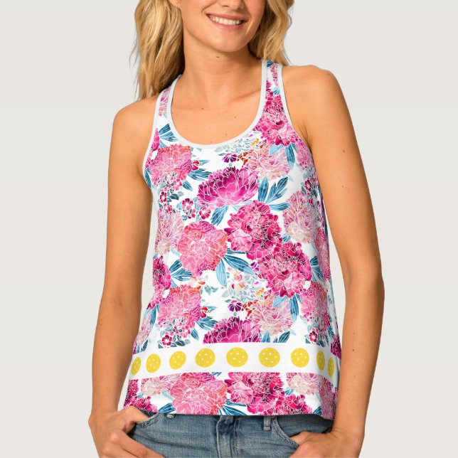 Pretty Pink Tropical Floral Pattern Pickleball Tank Top (Front)