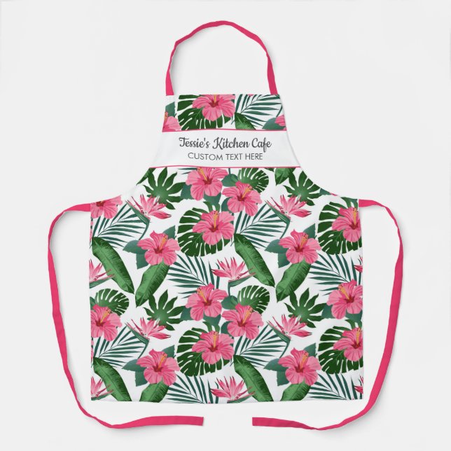 Pretty Pink Tropical Flowers Custom Name Text Apron (Front)