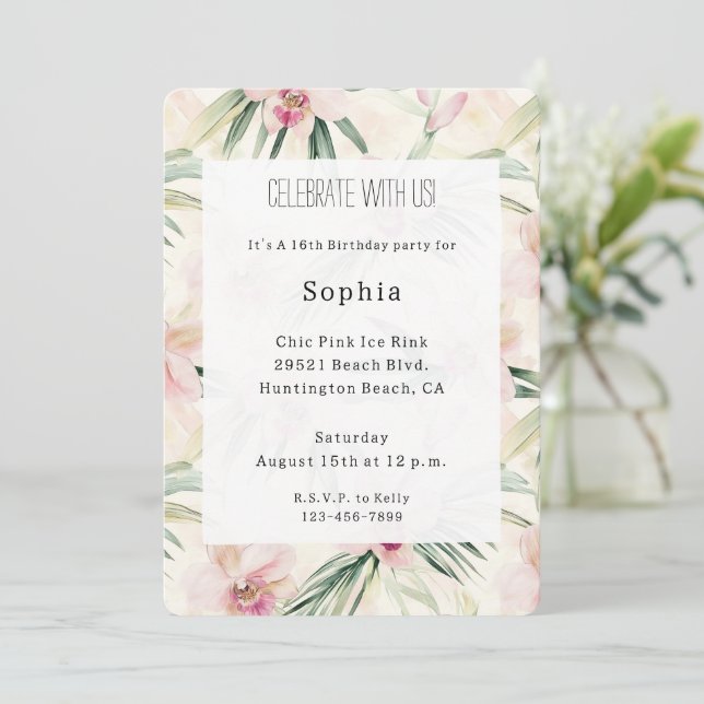Pretty Pink Tropical Orchid Flowers Birthday Invitation (Standing Front)