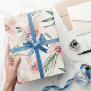 Pretty Pink Tropical Orchid Flowers Bridal Shower Wrapping Paper