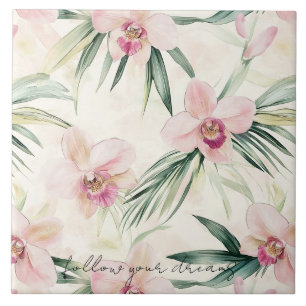 Pretty Pink Tropical Orchid Flowers Ceramic Tile