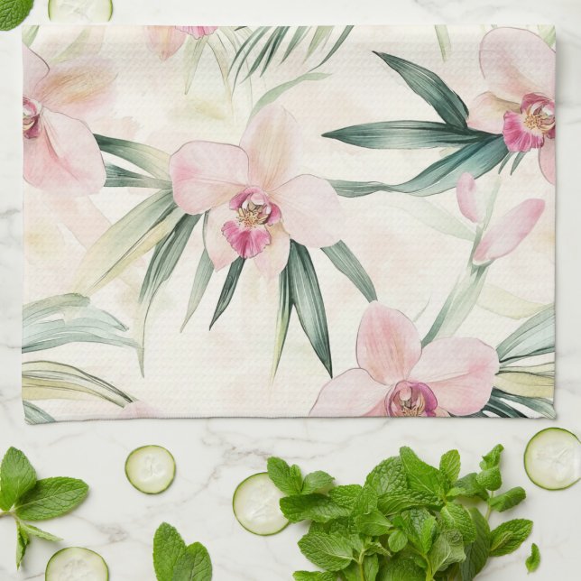 Pretty Pink Tropical Orchid Flowers Kitchen Towel (Folded)