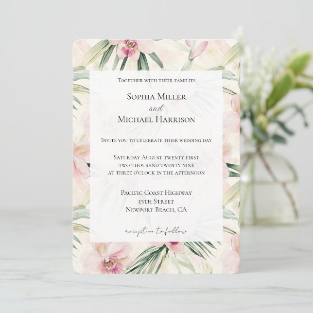 Pretty Pink Tropical Orchid Flowers Wedding Invitation (Standing Front)