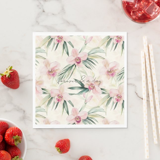 Pretty Pink Tropical Orchid Flowers Wedding Napkins (Insitu)