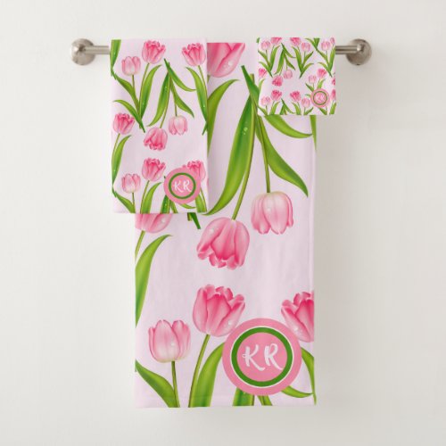 Pretty Pink Tulip Floral Flowers Leaves Monogram Bath Towel Set