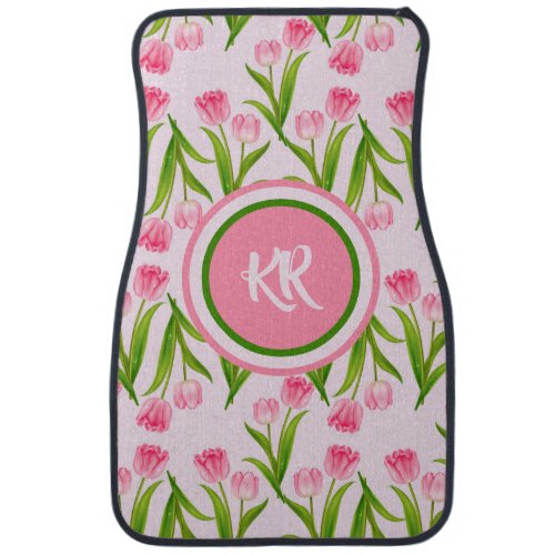 Pretty Pink Tulip Floral Flowers Leaves Monogram  Car Floor Mat