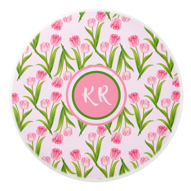 Pretty Pink Tulip Floral Flowers Leaves Monogram Ceramic Knob (Front)