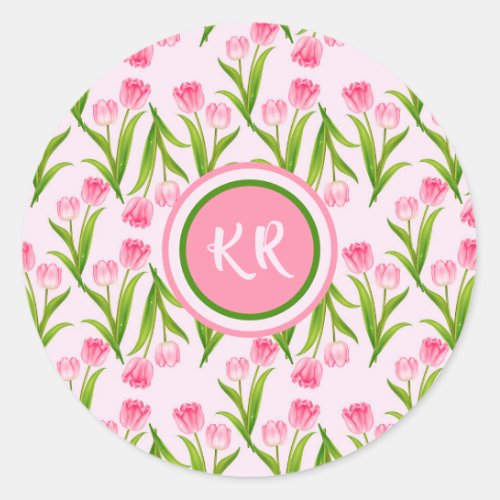 Pretty Pink Tulip Floral Flowers Leaves Monogram Classic Round Sticker