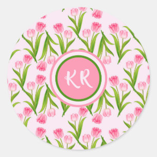 Pretty Pink Tulip Floral Flowers Leaves Monogram Classic Round Sticker
